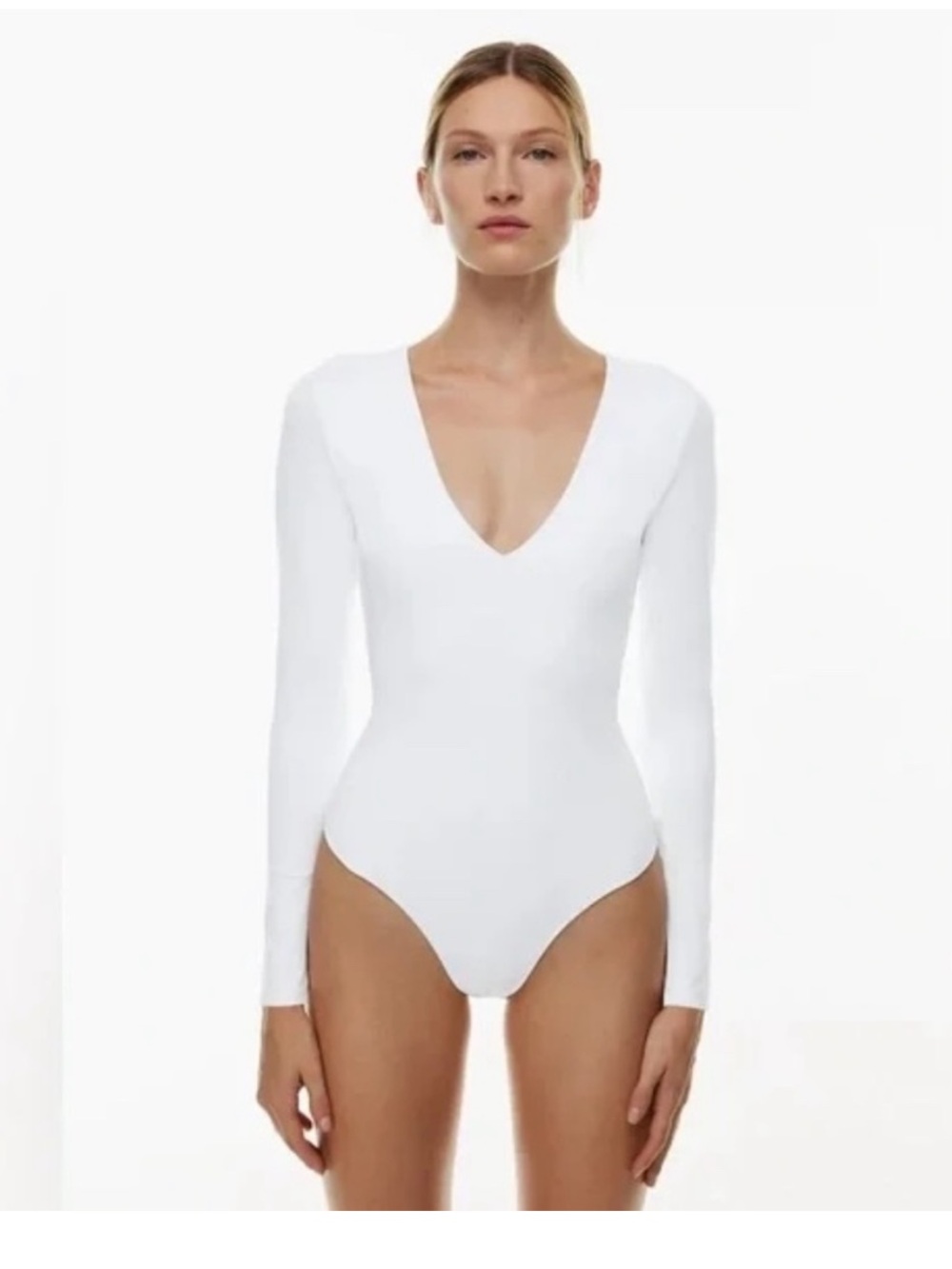 Aritzia V-Neck Babaton Long Sleeved Body Suit in Ivory Large NEW Contour